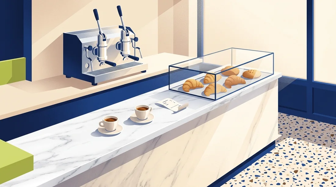 A Roman espresso bar: marble counter, espresso cups, cornetti in a glass case